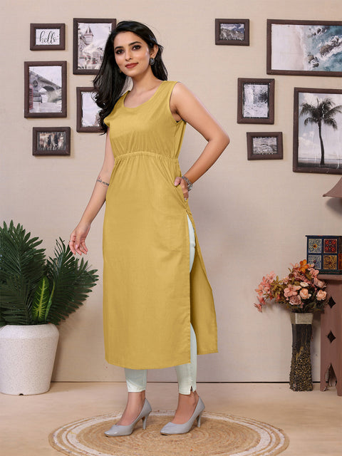 Here’s a more concise version:  **Pure Cotton Sleeveless Long Kurti for Women – Round Collar, Knee Length, Versatile for Work & Casual Wear**
