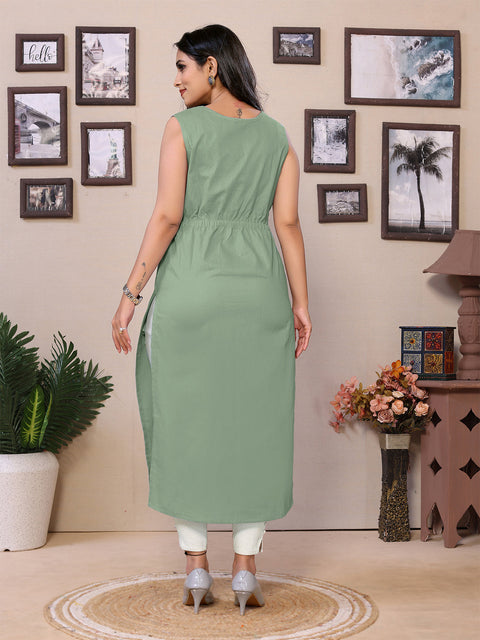Pure Cotton Sleeveless Long Kurti for Women – Round Collar, Knee Length, Versatile for Work & Casual Wear